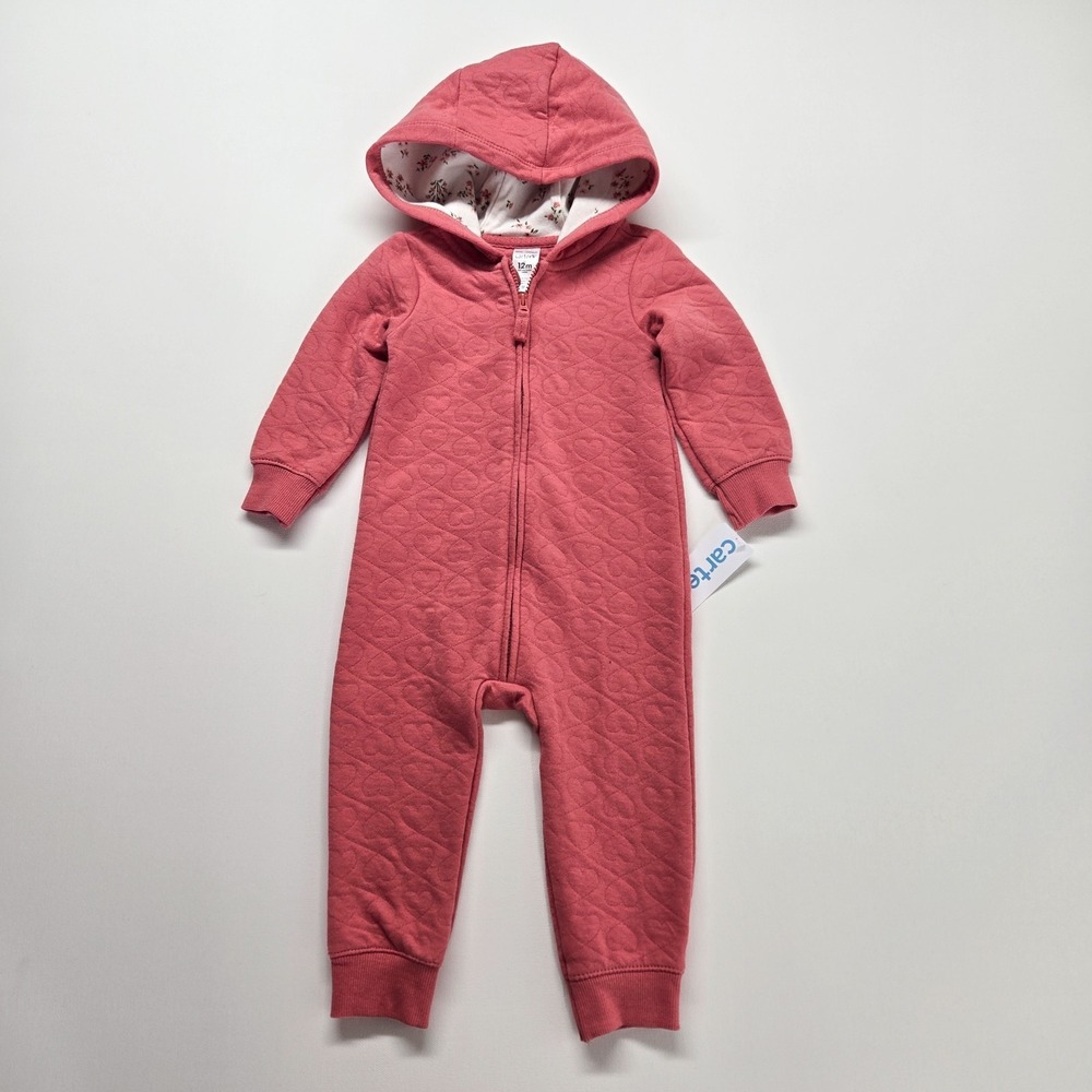 NEW! Carters Baby 12m Heart Cotton Long Sleeve Jumpsuit Pink Hooded